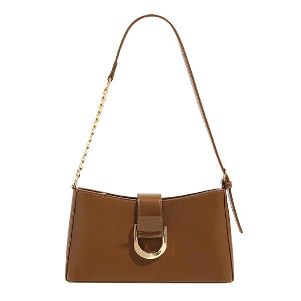 Brown shoulder bag with gold-colored chain and buckle detail